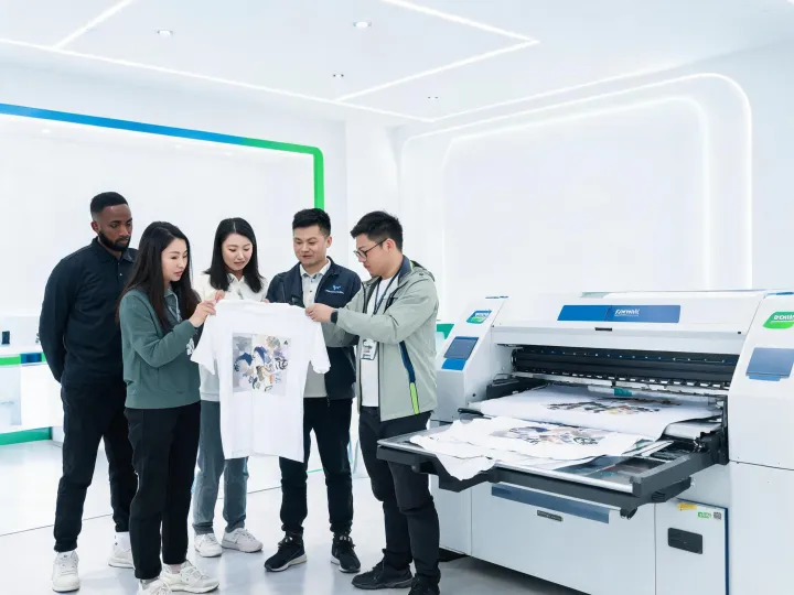 Kornit textile printer team reviewing printed garments